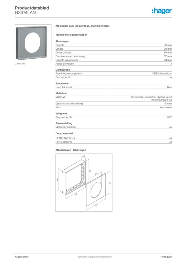 Afbeelding Hager Productdatablad G3374LAN | Hager Nederland