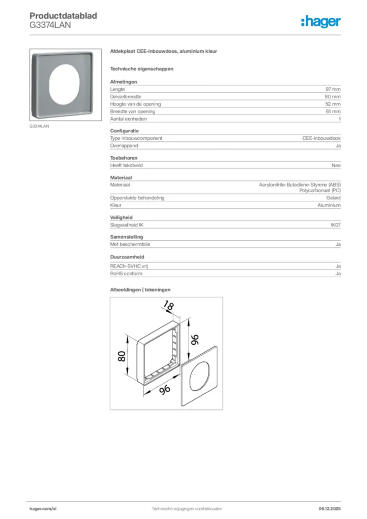 Afbeelding Hager Productdatablad G3374LAN | Hager Nederland