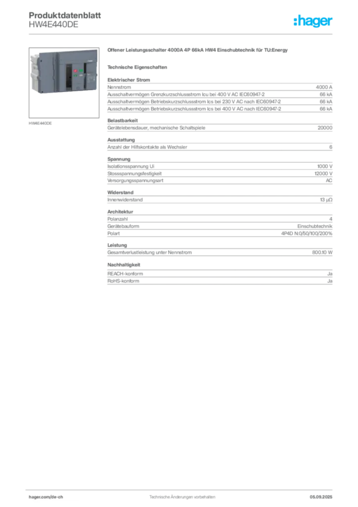 Bild Hager Produktdatenblatt HW4E440DE | Hager Schweiz