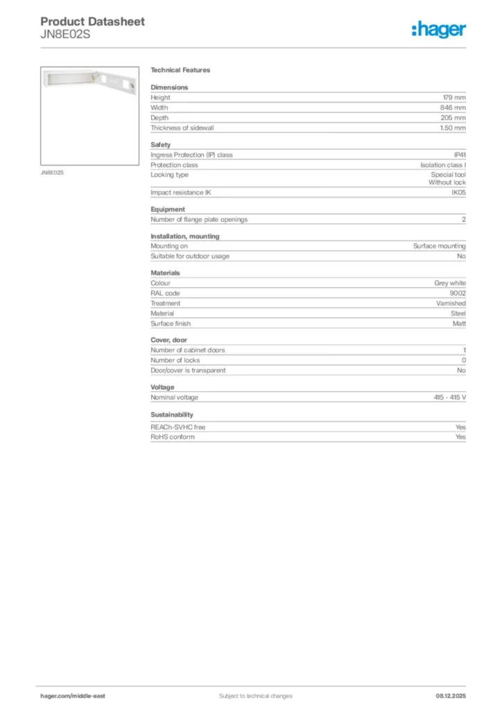 Image Hager Product data sheet JN8E02S  | Hager