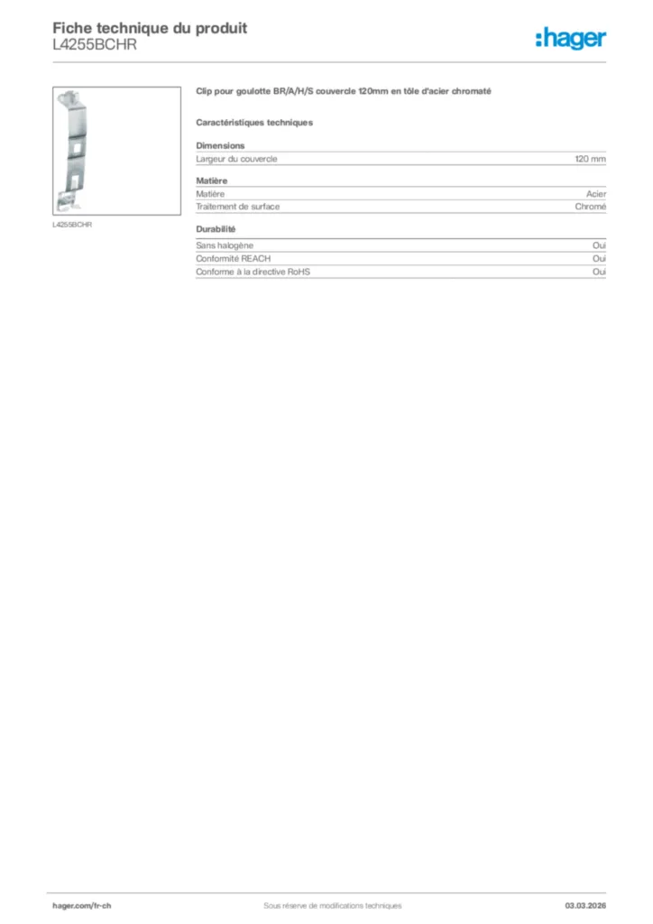 Image Hager Fiche technique du produit L4255BCHR | Hager Suisse