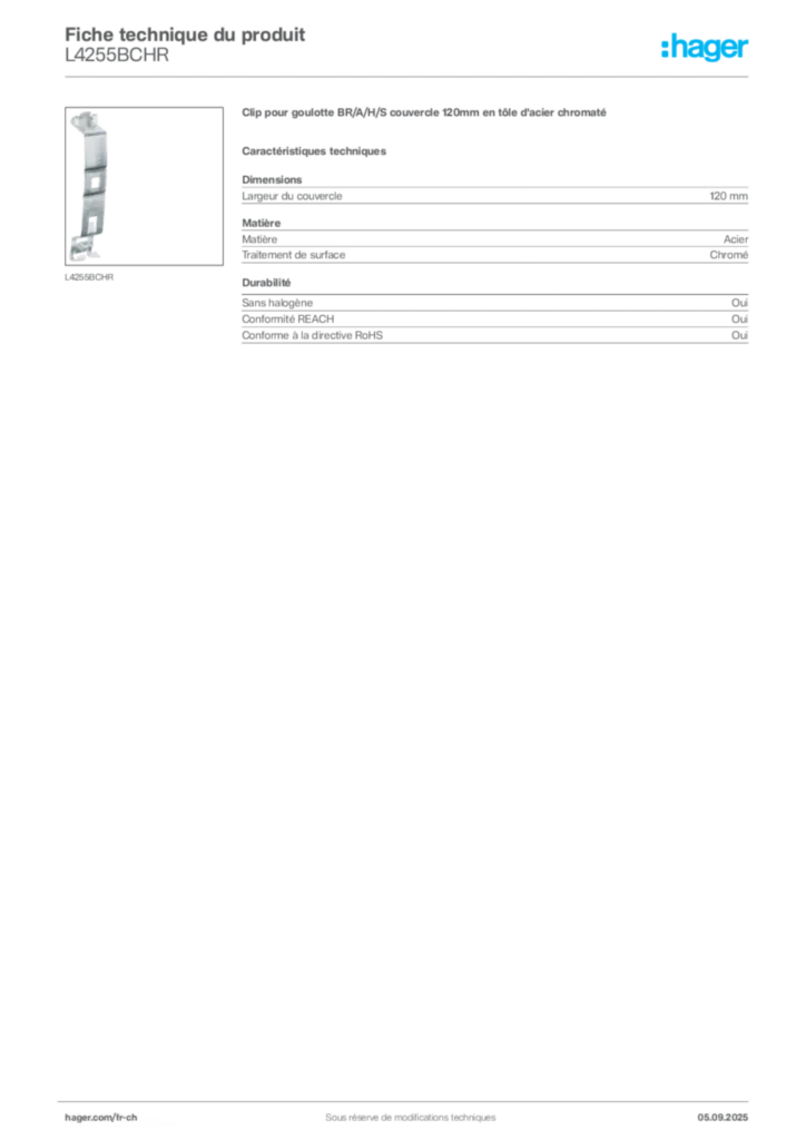 Image Hager Fiche technique du produit L4255BCHR | Hager Suisse