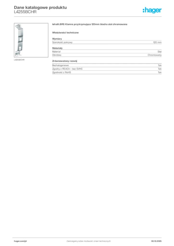 Zdjęcie Hager Dane katalogowe produktu L4255BCHR | Hager Polska