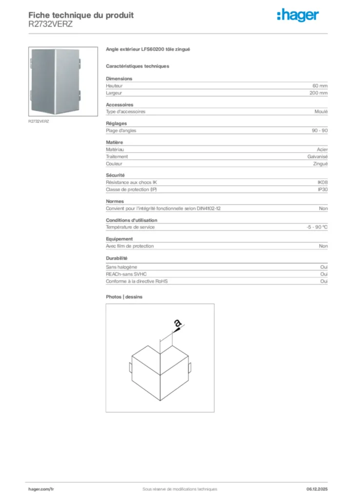 Image Hager Fiche technique du produit R2732VERZ | Hager France