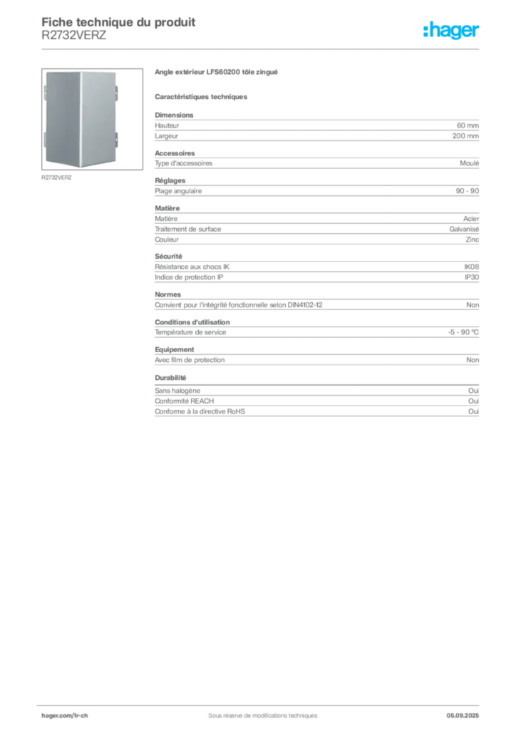 Image Hager Fiche technique du produit R2732VERZ | Hager Suisse