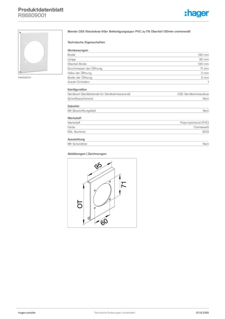 Bild Hager Produktdatenblatt R86809001 | Hager Deutschland