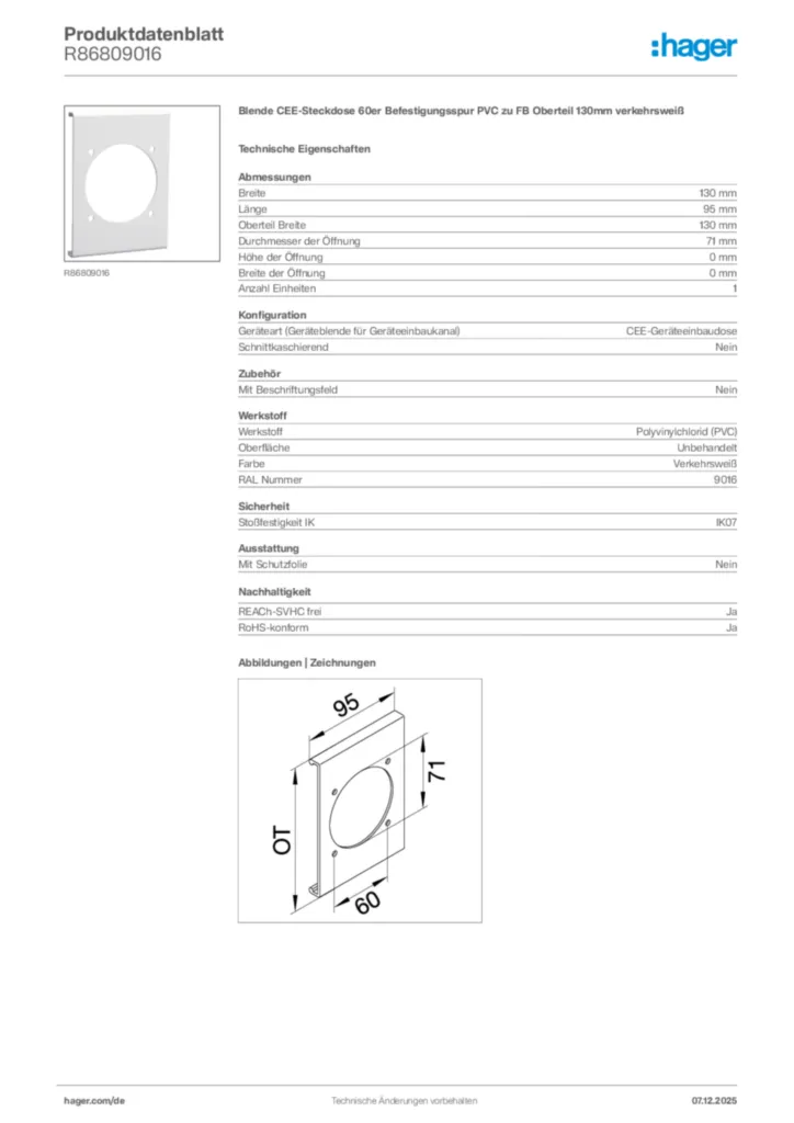 Hager Produktdatenblatt R86809016