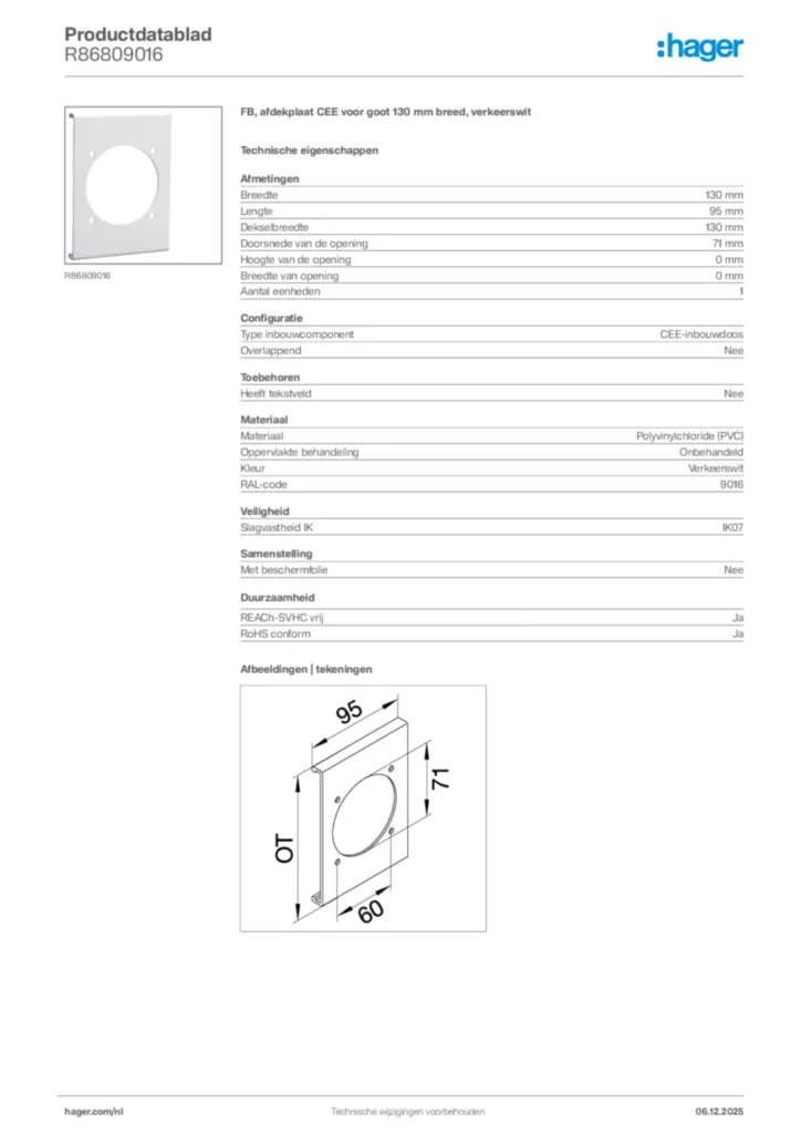 Afbeelding Hager Productdatablad R86809016 | Hager Nederland