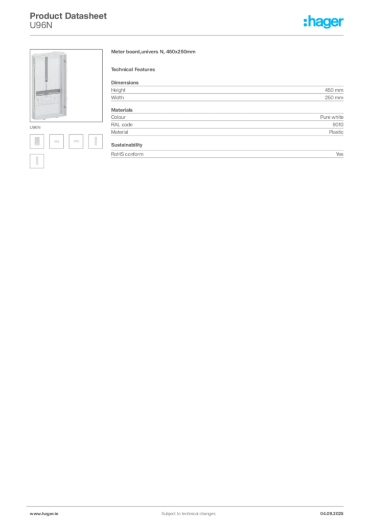 Image Hager Product data sheet U96N  | Hager
