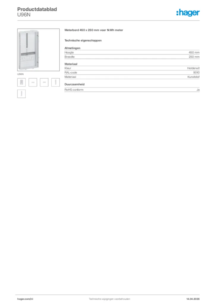 Afbeelding Hager Productdatablad U96N | Hager Nederland