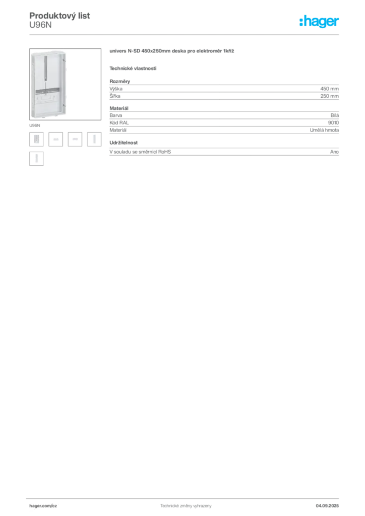 Obrázek Hager Produktový list U96N | Hager