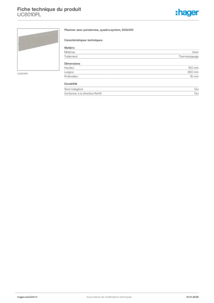Image Hager Fiche technique du produit UC8010PL | Hager Afrique