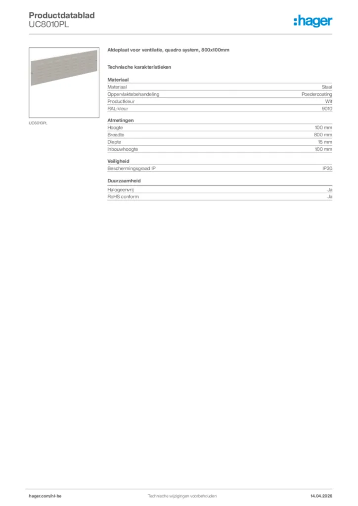 Afbeelding Hager Productdatablad UC8010PL | Hager Belgium