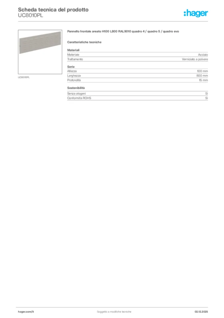 Immagine Hager Scheda tecnica del prodotto UC8010PL | Hager Italia