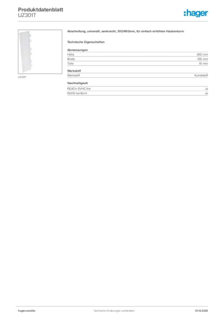 Hager Produktdatenblatt UZ301T