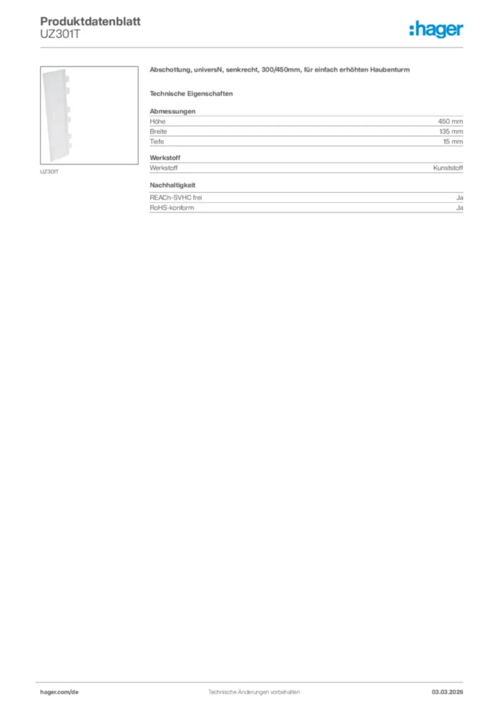 Bild Hager Produktdatenblatt UZ301T | Hager Deutschland