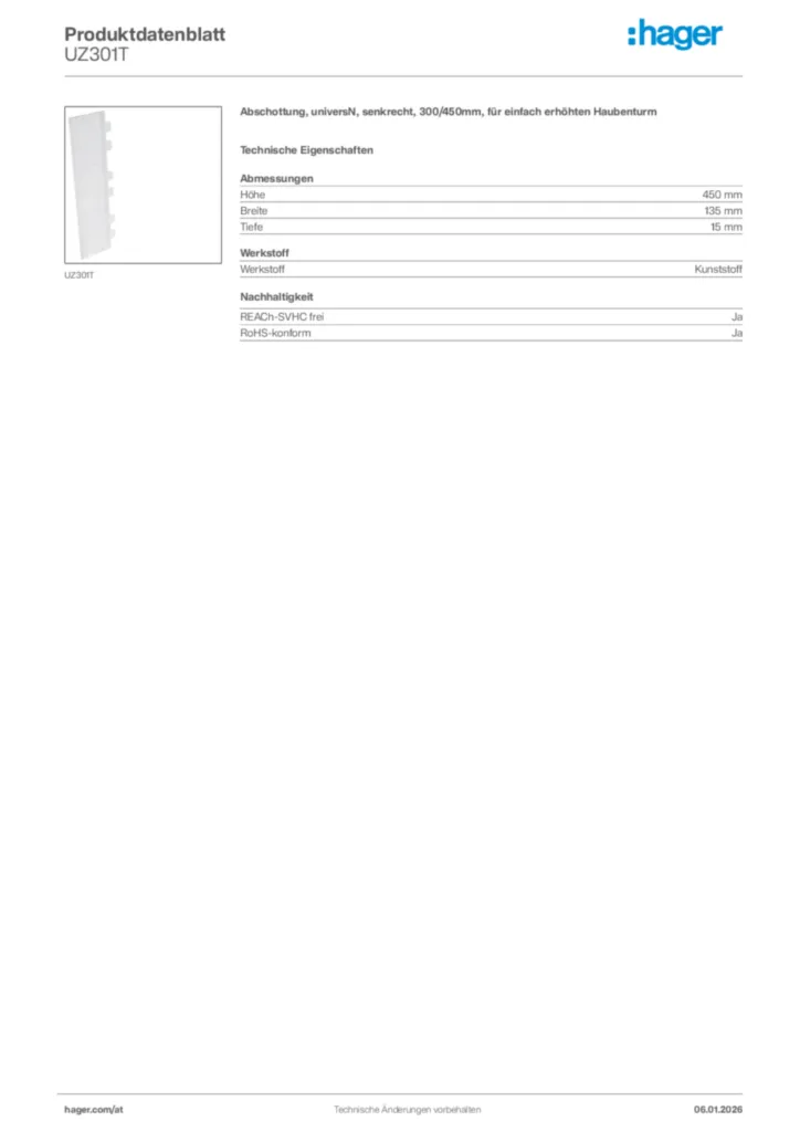 Bild Hager Produktdatenblatt UZ301T | Hager Deutschland