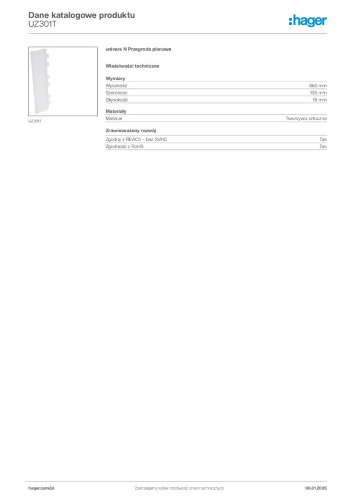 Zdjęcie Hager Karta katalogowa UZ301T | Hager Polska