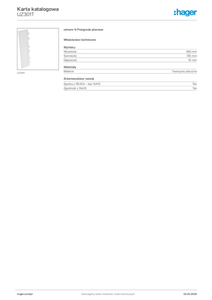 Zdjęcie Hager Karta katalogowa UZ301T | Hager Polska