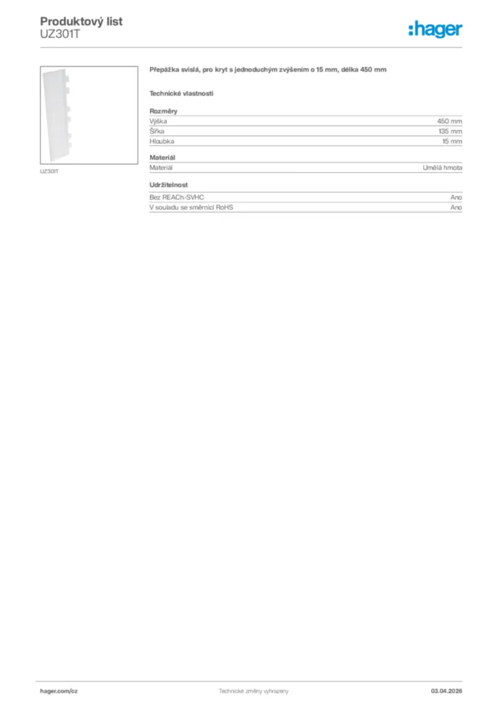Obrázek Hager Product data sheet UZ301T | Hager