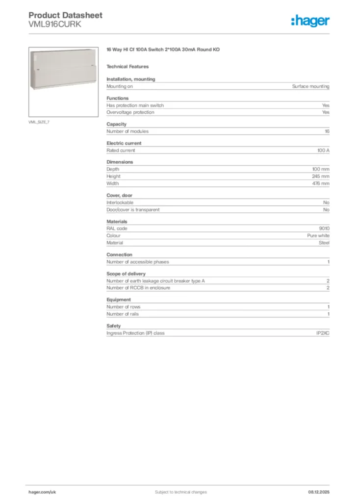 Image Hager Product data sheet VML916CURK  | Hager