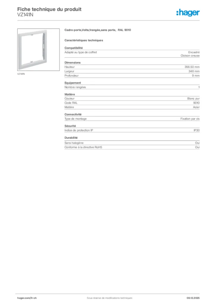 Image Hager Fiche technique du produit VZ141N | Hager Suisse