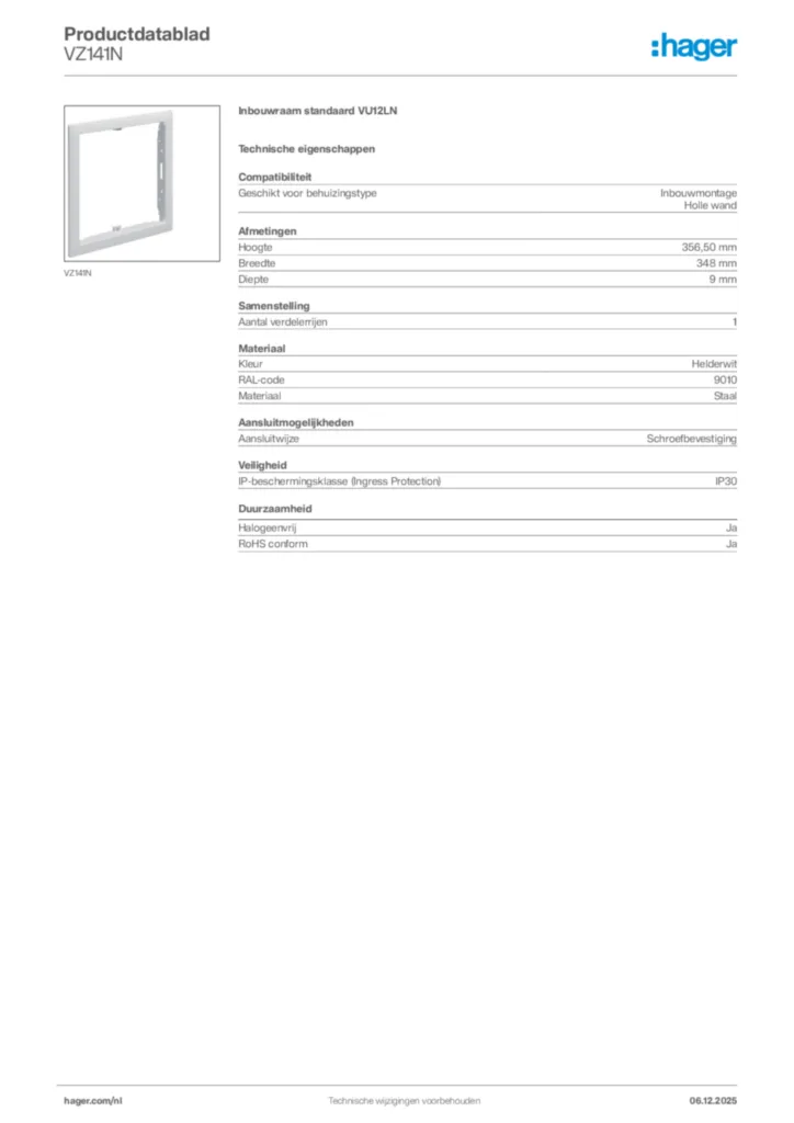Afbeelding Hager Productdatablad VZ141N | Hager Nederland