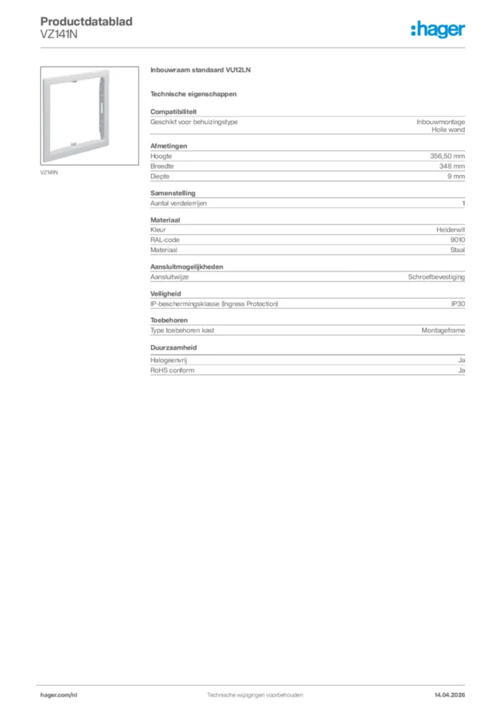 Afbeelding Hager Productdatablad VZ141N | Hager Nederland