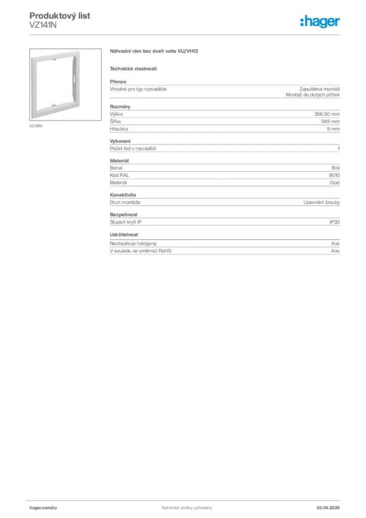 Obrázek Hager Product data sheet VZ141N | Hager