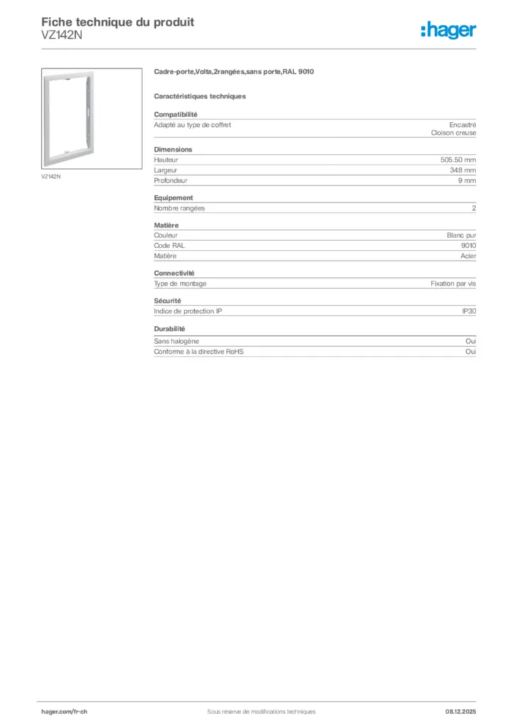 Image Hager Fiche technique du produit VZ142N | Hager Suisse