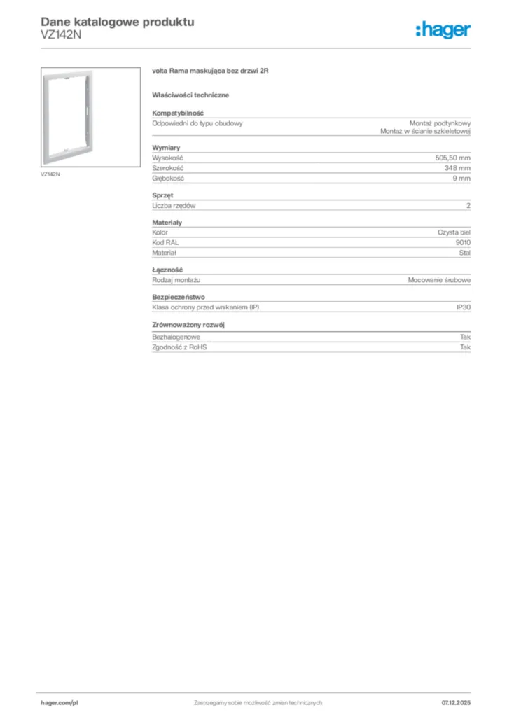 Zdjęcie Hager Karta katalogowa VZ142N | Hager Polska