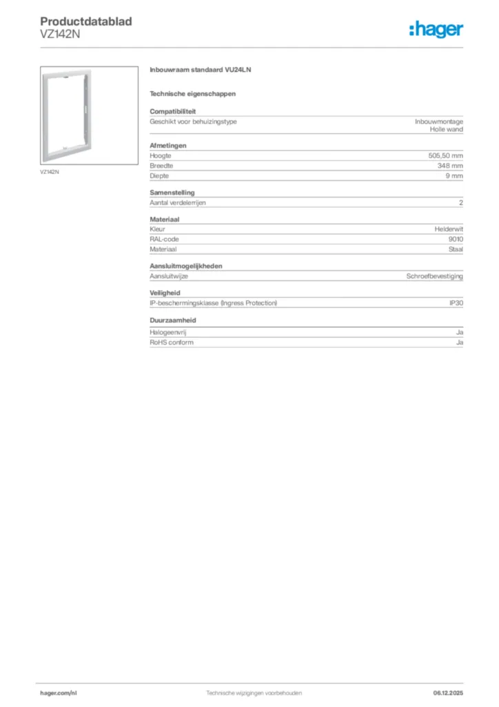 Afbeelding Hager Productdatablad VZ142N | Hager Nederland
