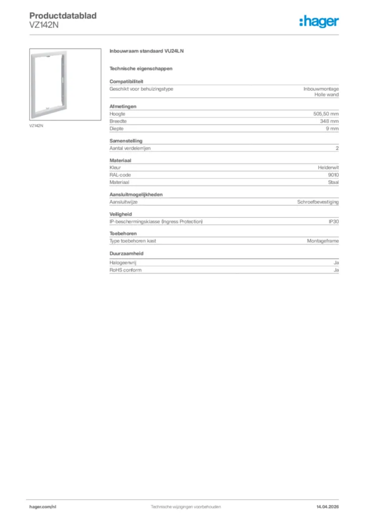 Afbeelding Hager Productdatablad VZ142N | Hager Nederland