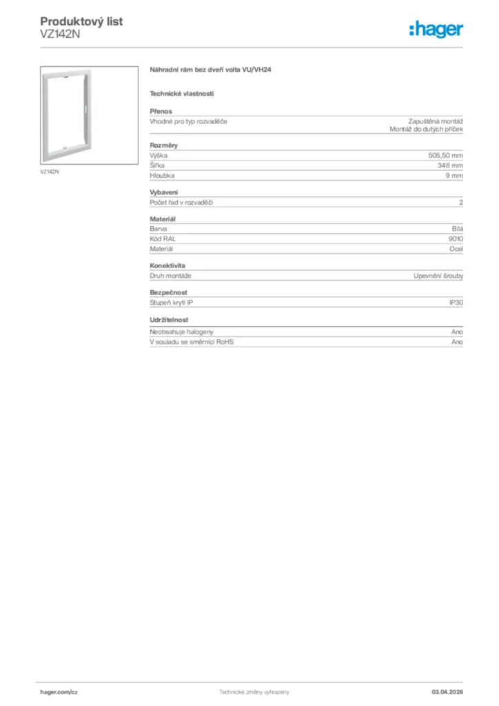 Obrázek Hager Product data sheet VZ142N | Hager
