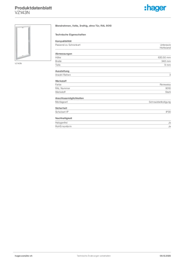 Bild Hager Produktdatenblatt VZ143N | Hager Schweiz