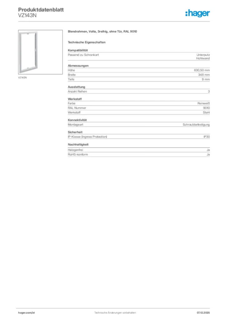 Bild Hager Produktdatenblatt VZ143N | Hager Deutschland