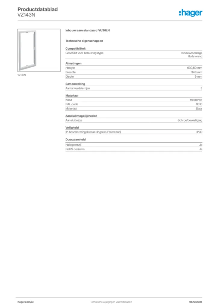 Afbeelding Hager Productdatablad VZ143N | Hager Nederland