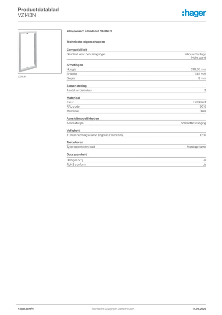 Afbeelding Hager Productdatablad VZ143N | Hager Nederland