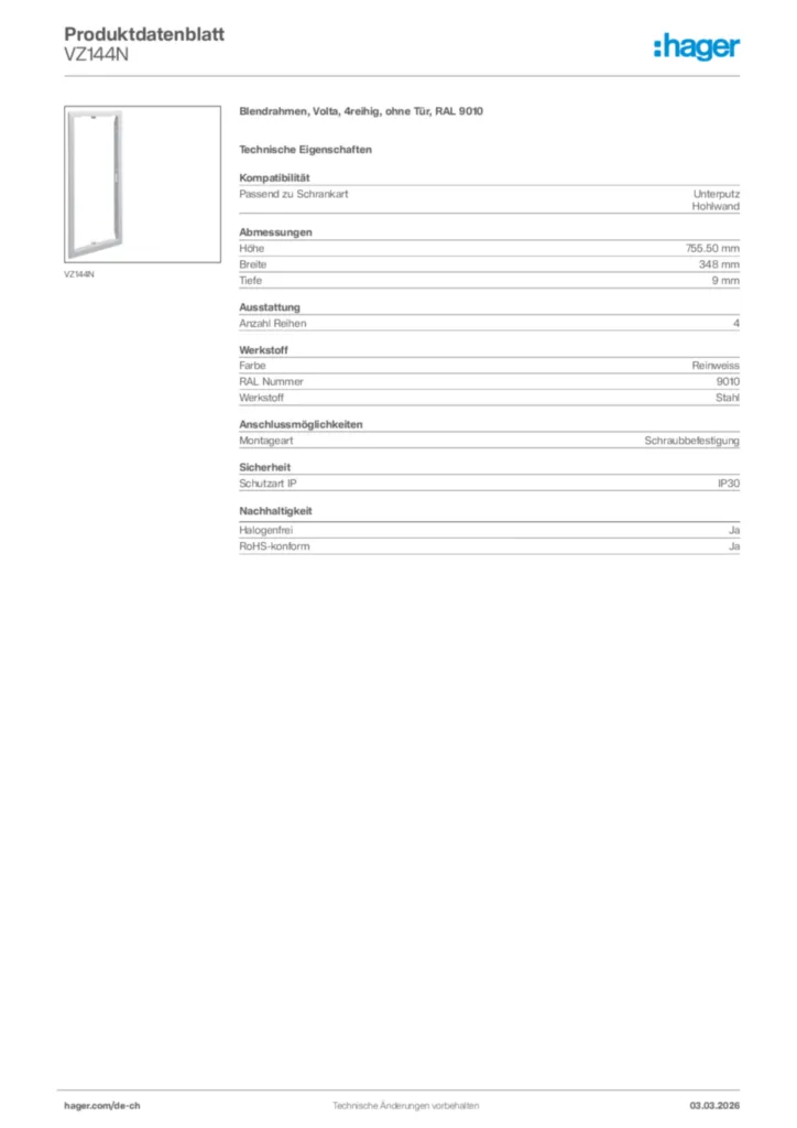 Bild Hager Produktdatenblatt VZ144N | Hager Schweiz