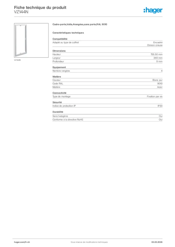 Image Hager Fiche technique du produit VZ144N | Hager Suisse