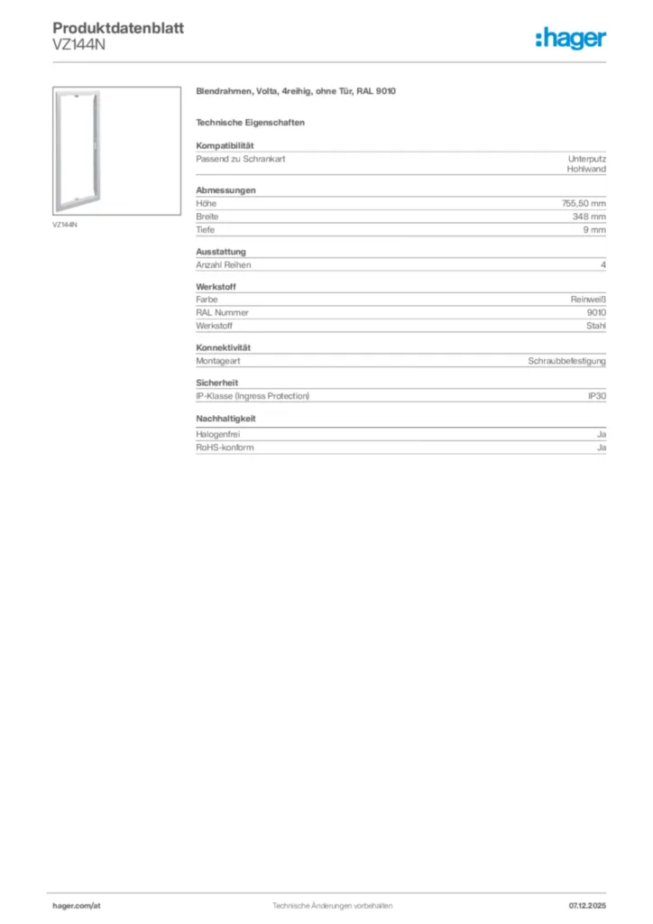 Bild Hager Produktdatenblatt VZ144N | Hager Deutschland