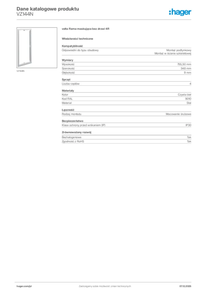 Zdjęcie Hager Karta katalogowa VZ144N | Hager Polska