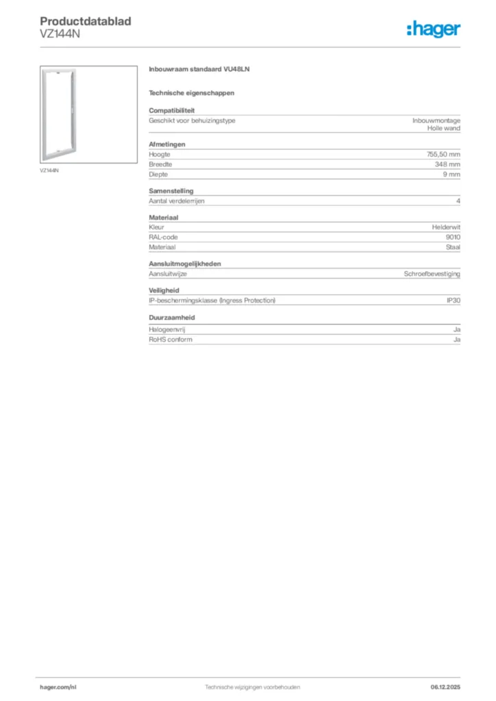 Afbeelding Hager Productdatablad VZ144N | Hager Nederland