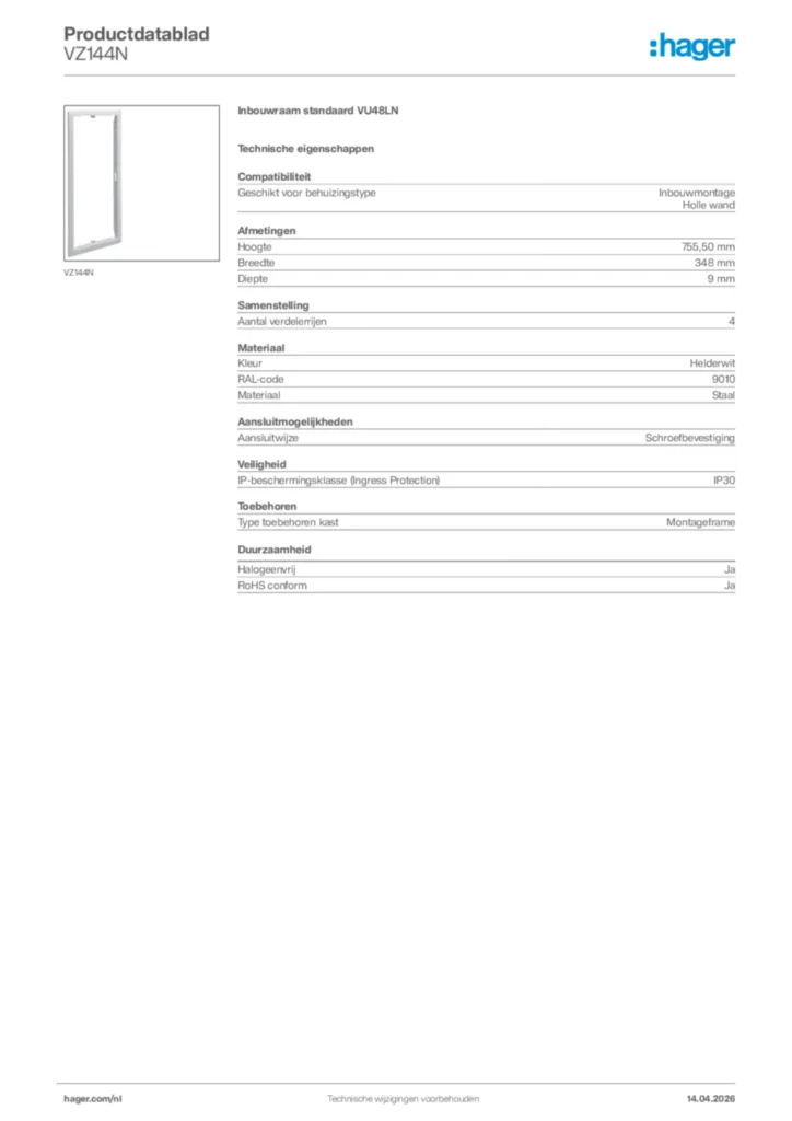 Afbeelding Hager Productdatablad VZ144N | Hager Nederland