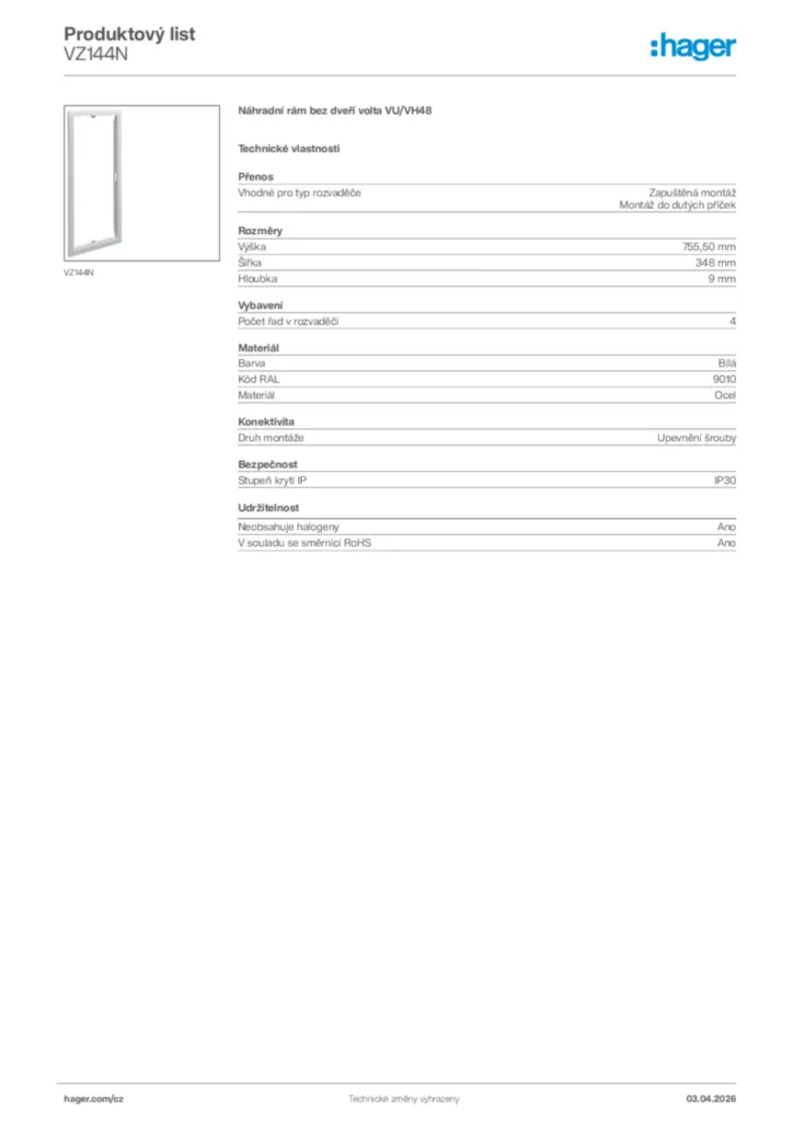 Obrázek Hager Product data sheet VZ144N | Hager