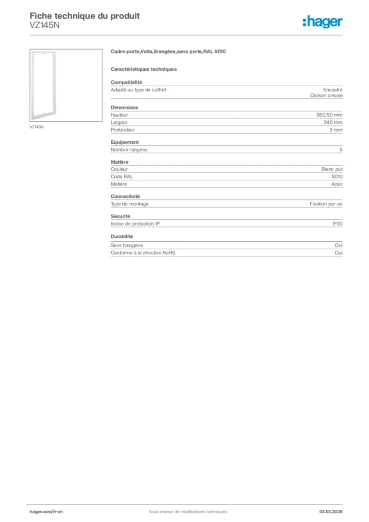 Image Hager Fiche technique du produit VZ145N | Hager Suisse