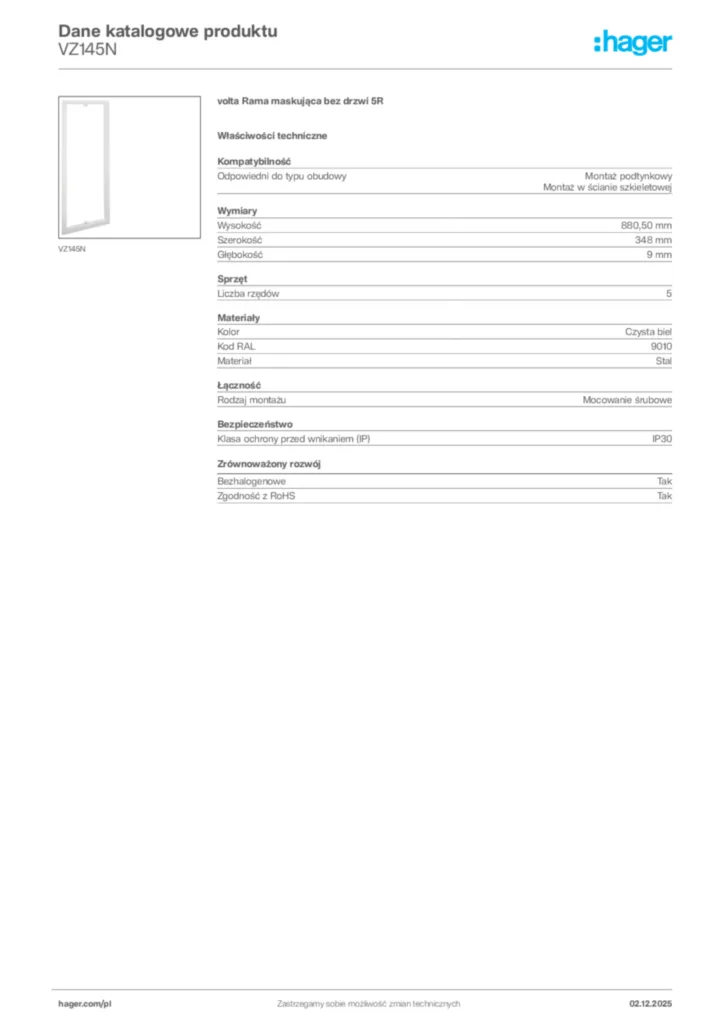 Zdjęcie Hager Dane katalogowe produktu VZ145N | Hager Polska