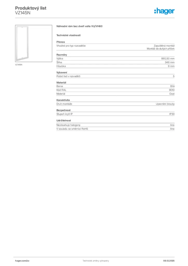 Obrázek Hager Product data sheet VZ145N | Hager
