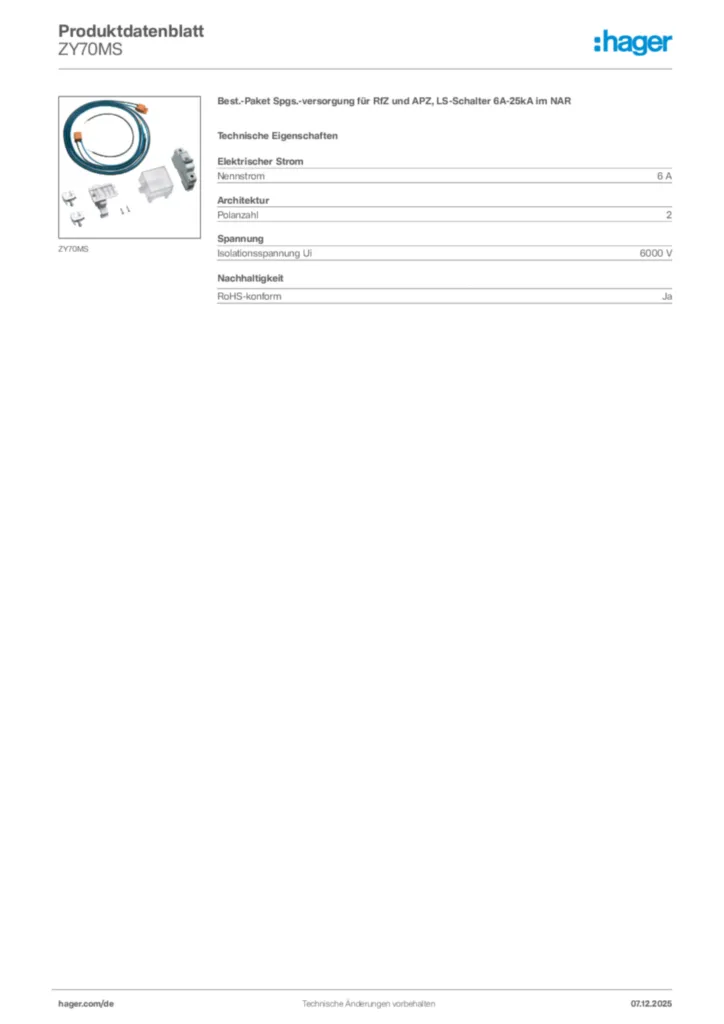 Bild Hager Produktdatenblatt ZY70MS | Hager Deutschland