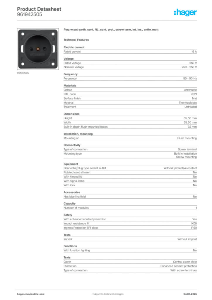 Image Hager Product data sheet 961942505  | Hager
